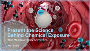Molecular animation still showing chemical exposure absorbed through skin and damaging DNA, used as a trial exhibit