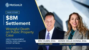 MotionLit case study graphic for an $8 million wrongful death settlement, with attorneys Annee Della Donna and Eric Dubin