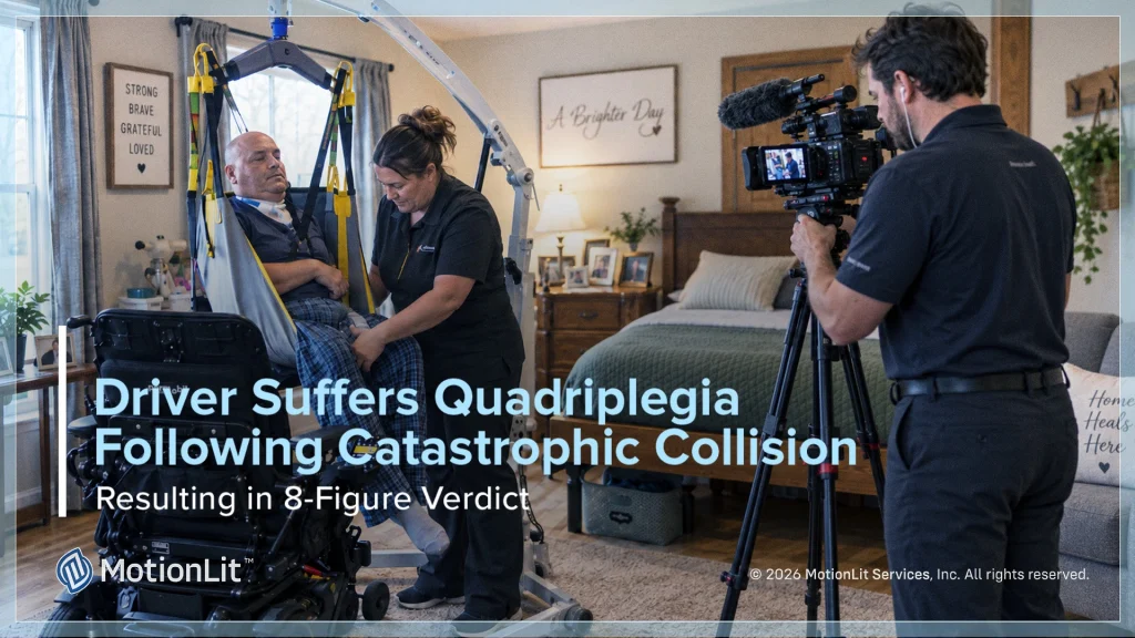 Day-in-the-Life video still showing a quadriplegic client receiving daily care from family, presented at trial