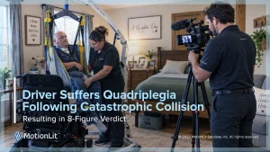 Day-in-the-Life video still showing a quadriplegic client receiving daily care from family, presented at trial