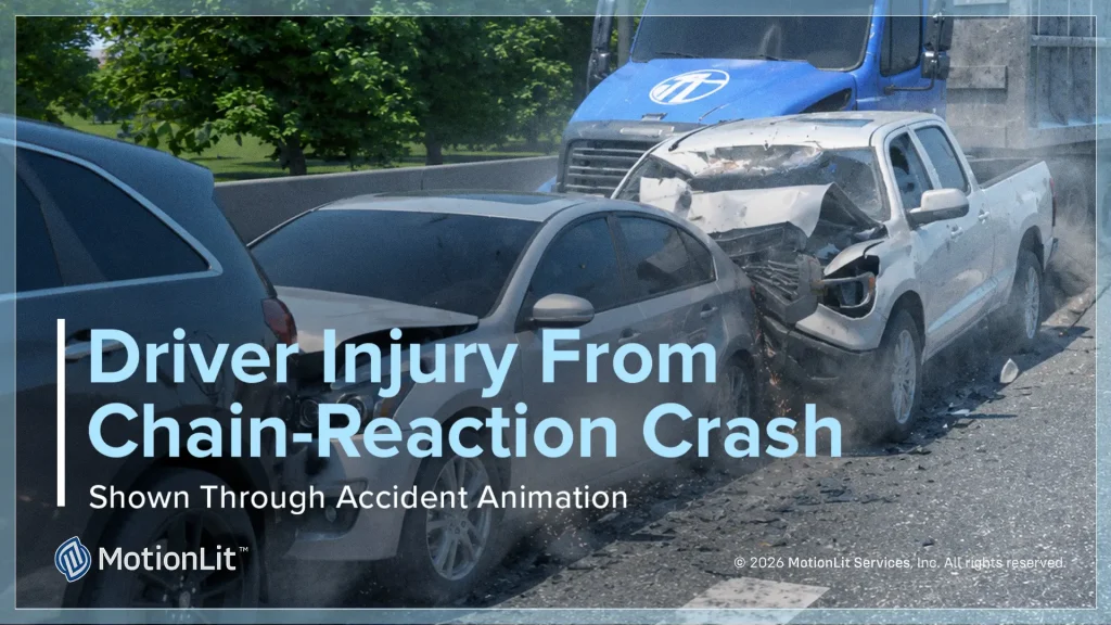 3D truck accident reconstruction animation of a four-vehicle chain-reaction crash, prepared as a trial exhibit