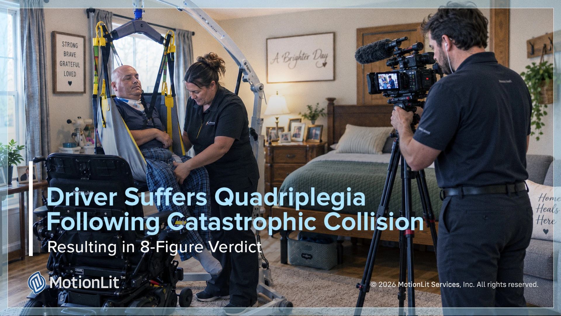 Day-in-the-Life video still showing a quadriplegic client receiving daily care from family, presented at trial