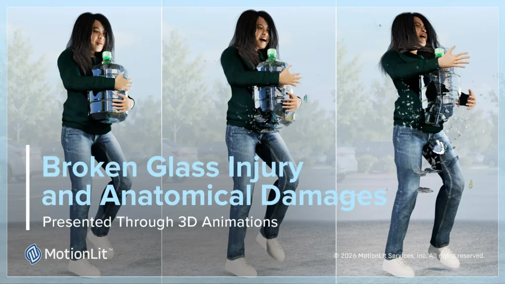 Mechanism of injury animation still showing broken glass cutting into the wrist, used as a product liability trial exhibit
