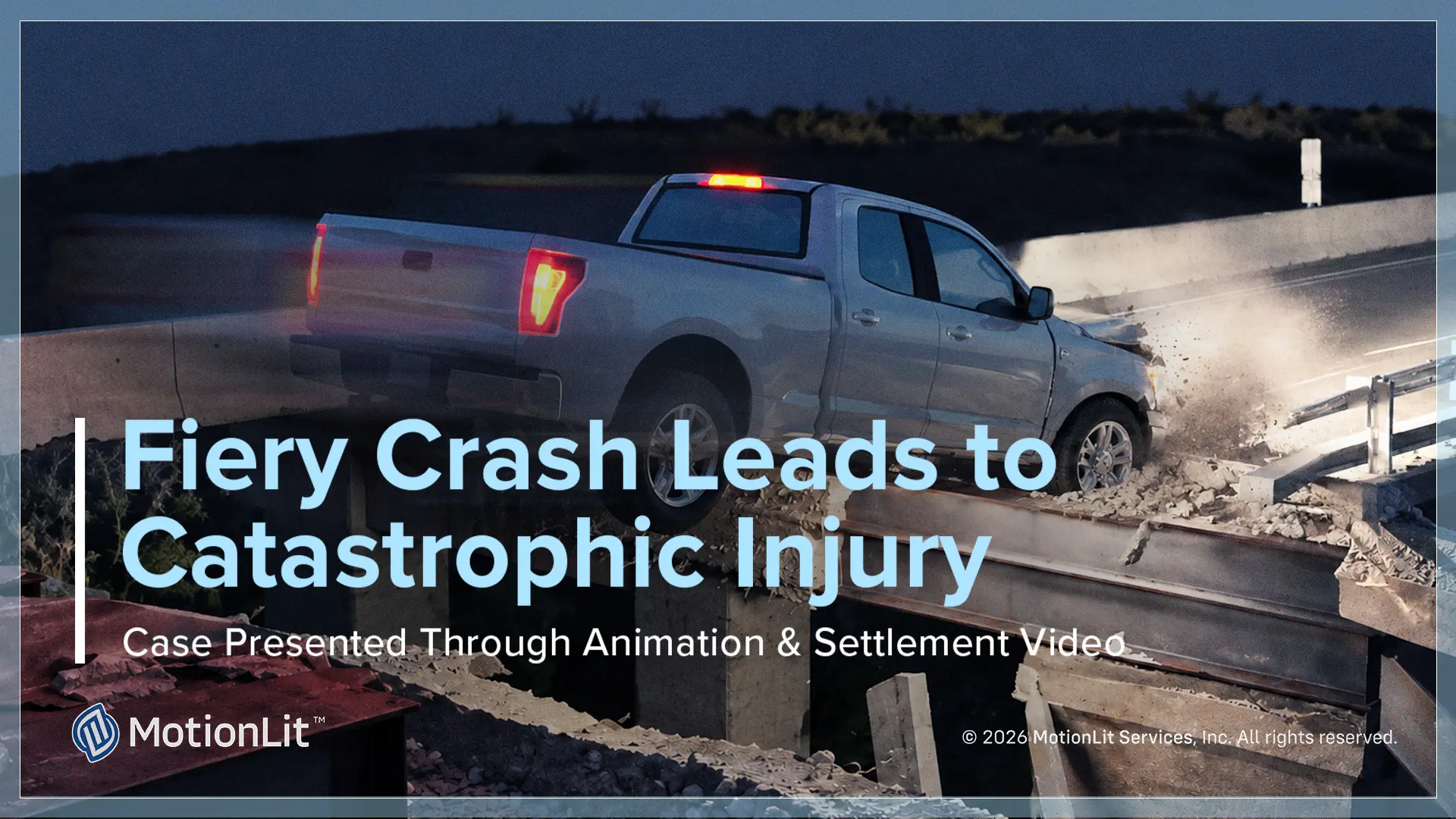 Settlement video still from a fiery truck crash catastrophic injury case, with accident reconstruction and surgical animation