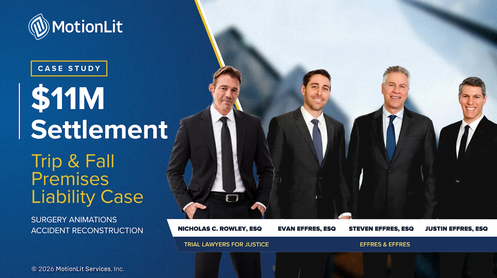 Case study graphic for an $11 million premises liability settlement, with attorneys Nick Rowley and Effres & Effres